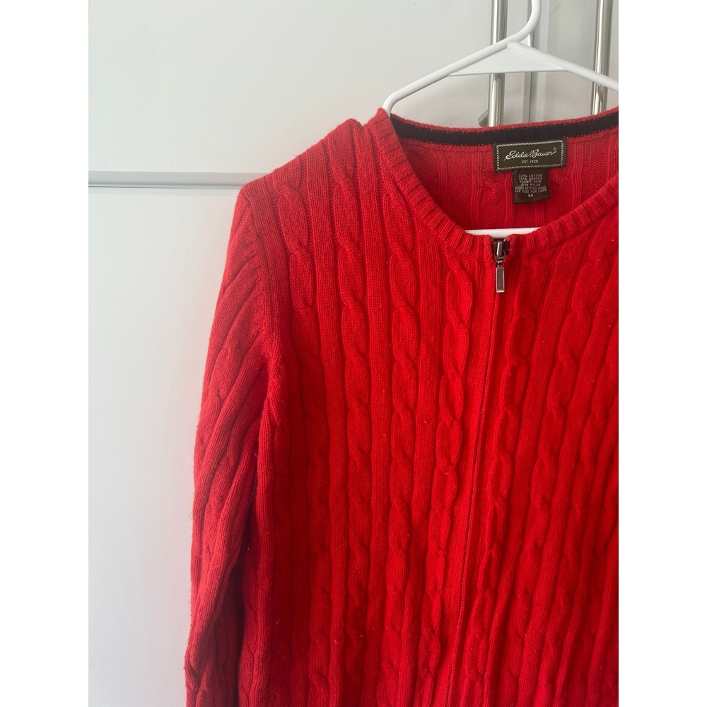 Eddie Bauer Red Cable Knit Full Zip Angora Blend Cardigan Sweater Womens Medium - Picture 2 of 15
